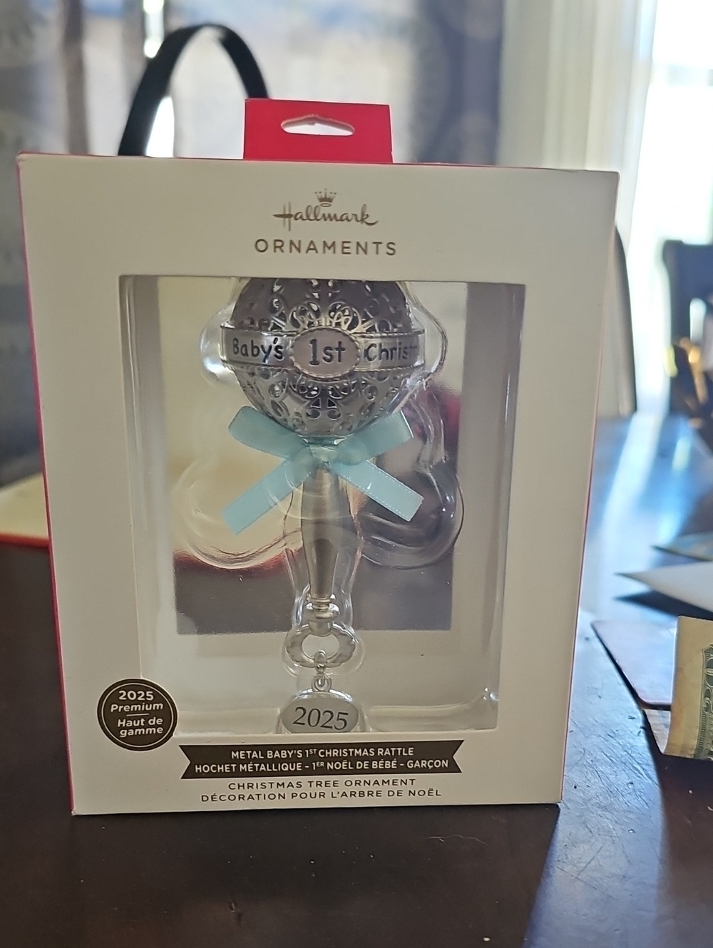 Hallmark Silver Ornament with Light Blue Bow - 2025 Baby's 1st Rattle